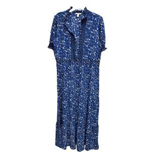 London Style Maxi Dress 18 Boho Floral Ruffle Tiered Blue Coastal Grandma
